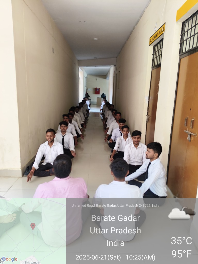 Students practicing Pranayama yoga in a college hallway for International Yoga Day, June 21, 2025