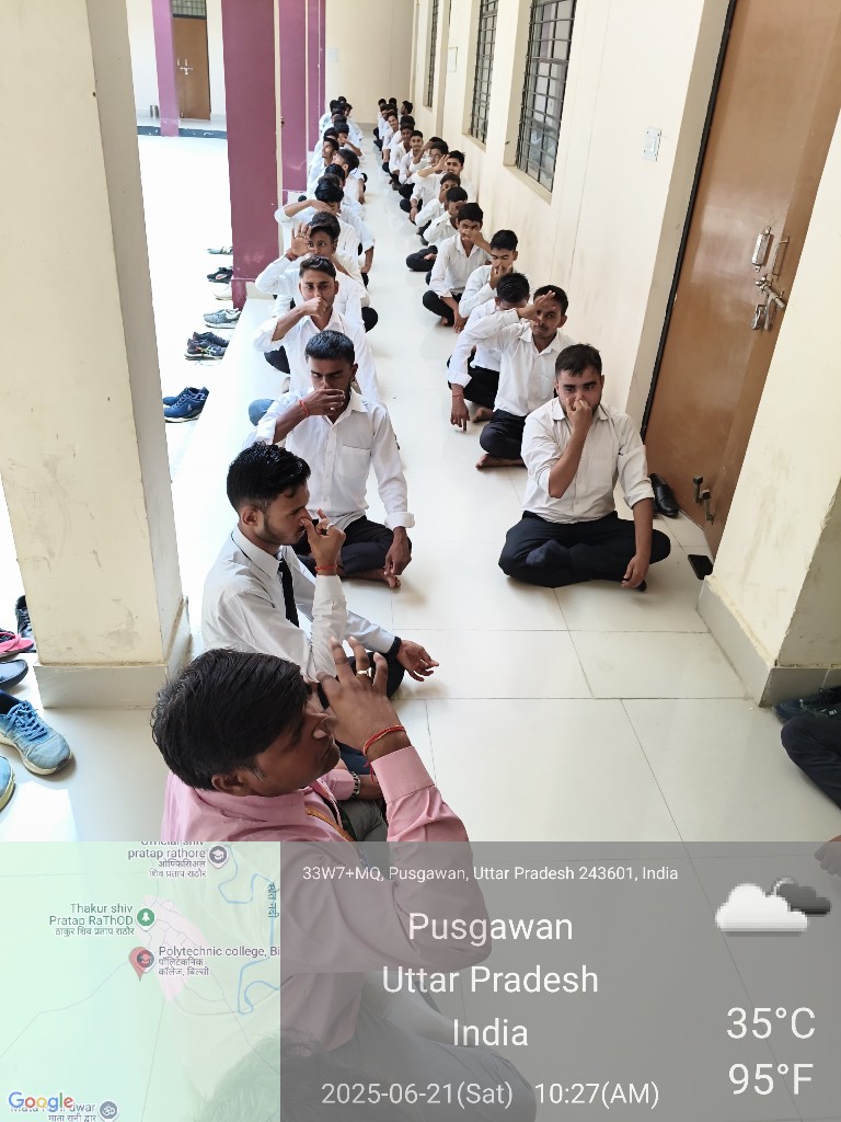 Students and faculty practicing Nadi Shodhana breathing exercises during International Yoga Day, June 21, 2025
