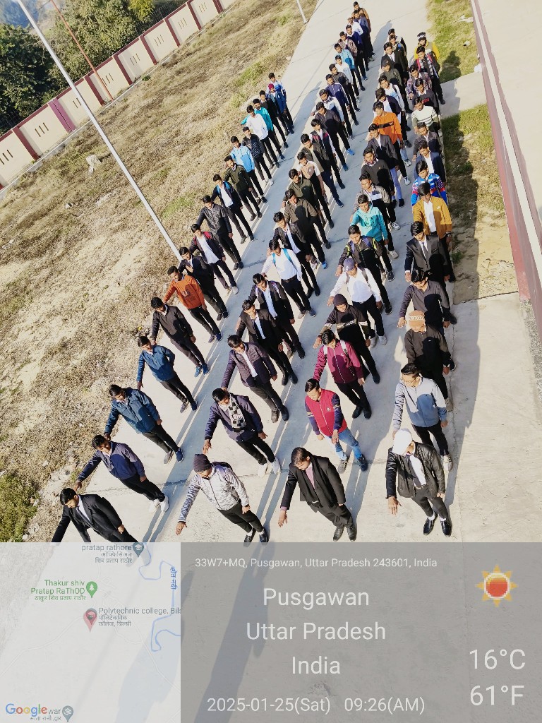 Students in rows performing outdoor drill formation on campus, January 25, 2025